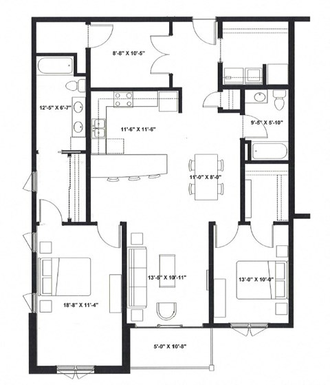 Floor plan for 2 beds, 2 baths, 1489 sqft