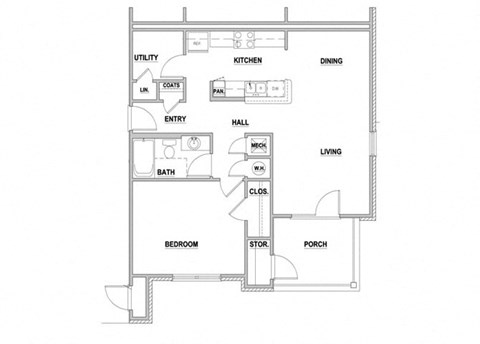 Floor plan for 1 bed, 1 bath, 888 sqft