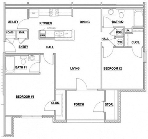 Floor plan for 2 beds, 2 baths, 1162 sqft