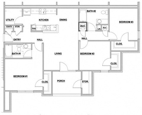 Floor plan for 3 beds, 2 baths, 1374 sqft