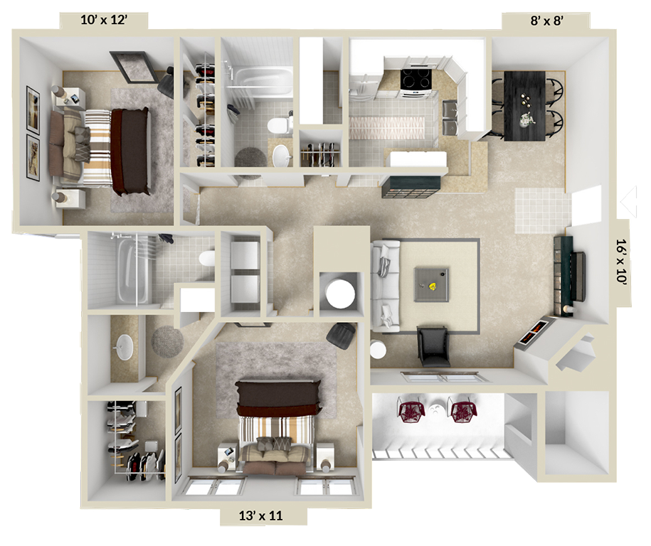Floor plan for 2 beds, 2 baths, 1078 sqft
