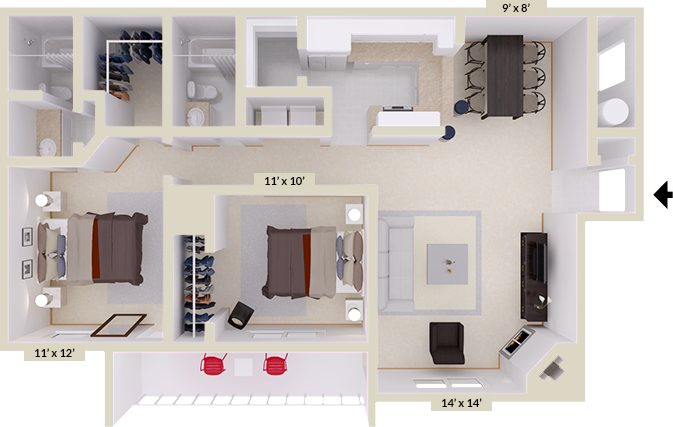 Floor plan for 2 beds, 2 baths, 1155 sqft