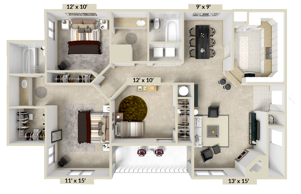 Floor plan for 3 beds, 2 baths, 1314 sqft