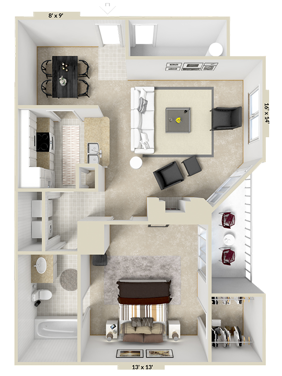 Floor plan for 1 bed, 1 bath, 867 sqft