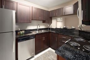 Jacksonville apartment for rent - a kitchen with black granite counter tops and stainless steel appliances