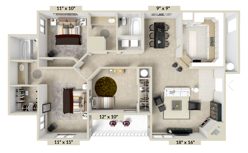 Floor plan for 3 beds, 2 baths, 1352 sqft