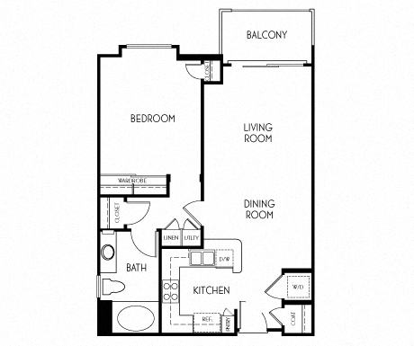 Floor plan for 1 bed, 1 bath, 682 sqft