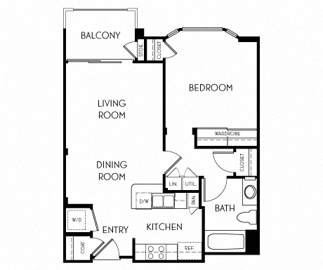 Floor plan for 1 bed, 1 bath, 616 sqft
