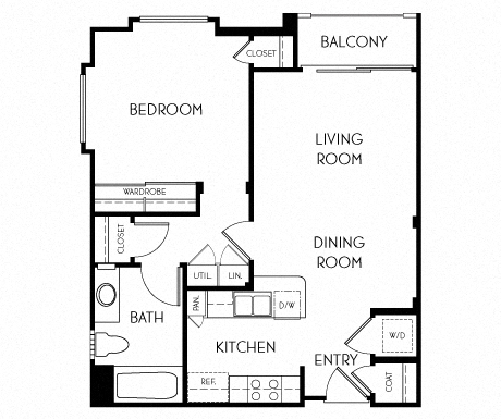 Floor plan for 1 bed, 1 bath, 623 sqft