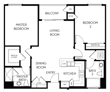 Floor plan for 2 beds, 2 baths, 1066 sqft