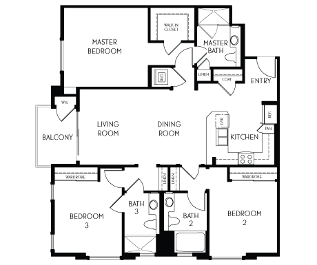 Floor plan for 3 beds, 3 baths, 1369 sqft