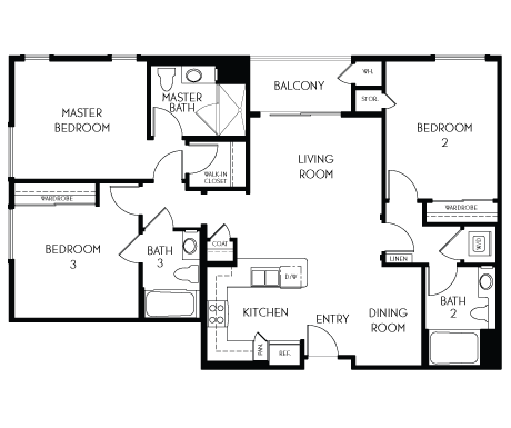 Floor plan for 3 beds, 3 baths, 1315 sqft