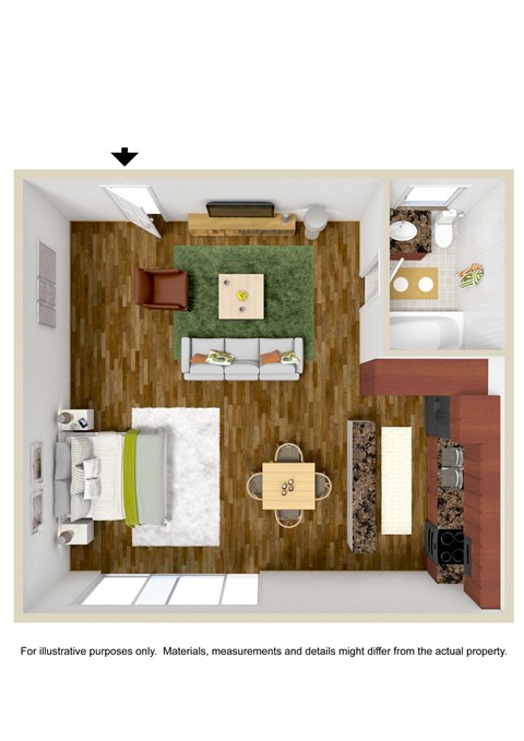 Floor plan for studio, 1 bath, 500 sqft