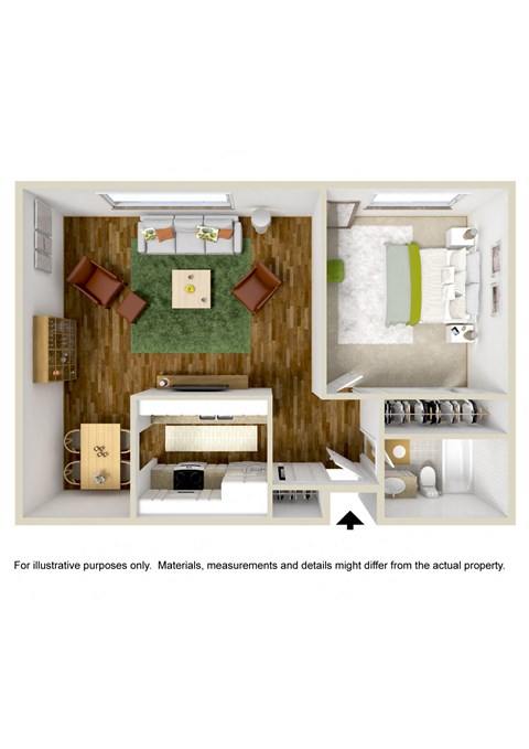 Floor plan for 1 bed, 1 bath, 700 sqft
