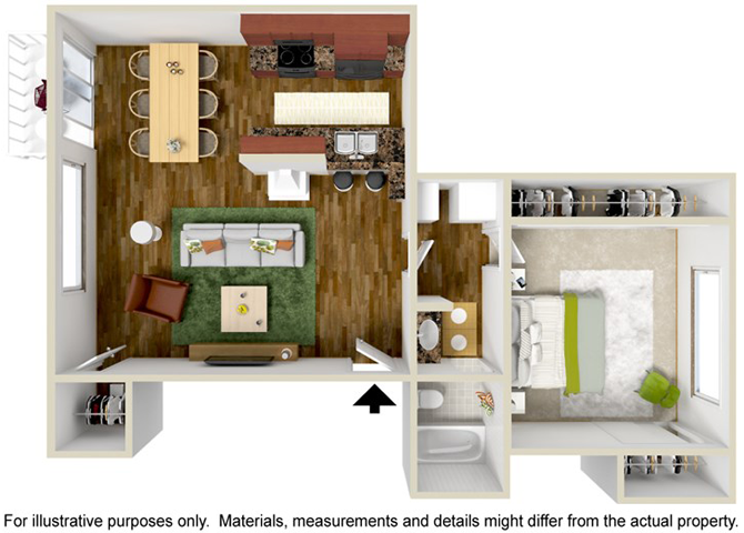 Floor plan for 1 bed, 1 bath, 721 sqft