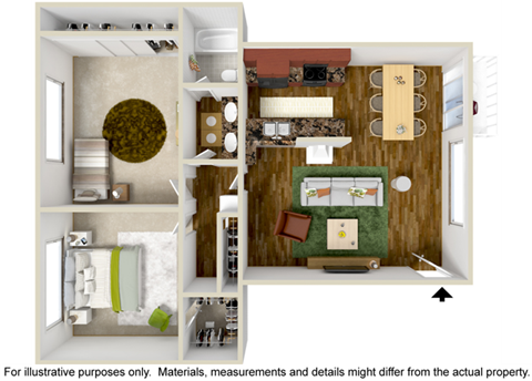 Floor plan for 2 beds, 1 bath, 978 sqft