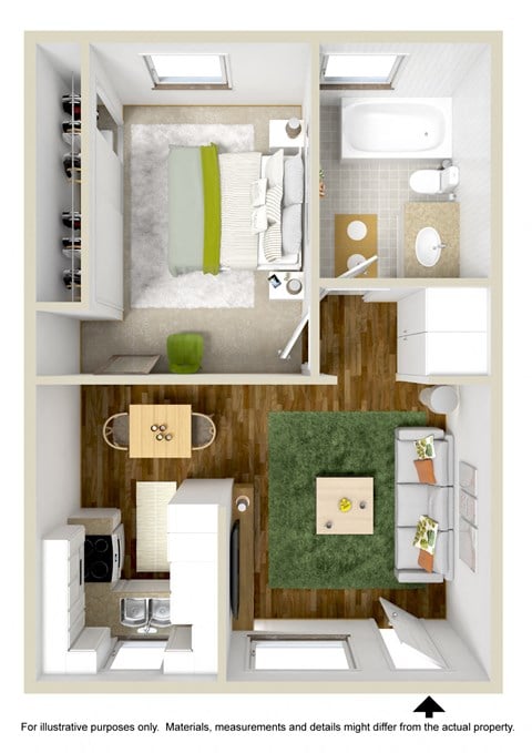 Floor plan for 1 bed, 1 bath, 650 sqft