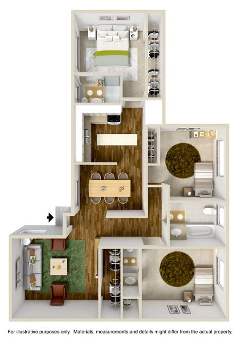 Floor plan for 3 beds, 1.7 baths