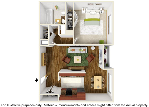Floor plan for 1 bed, 1 bath, 900 sqft