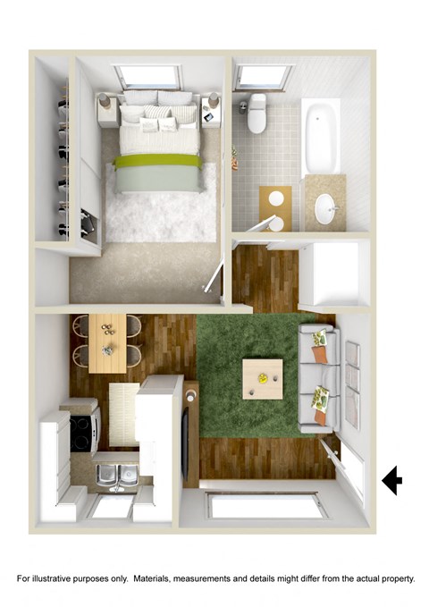 Floor plan for 1 bed, 1 bath, 725 sqft