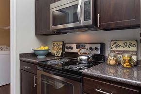 The Woodlands apartment for rent - a kitchen with a stove and a microwave
