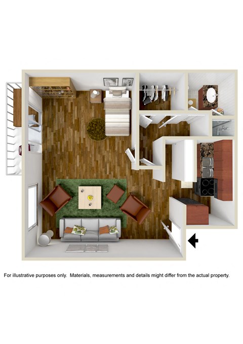 Floor plan for studio, 1 bath, 500 sqft