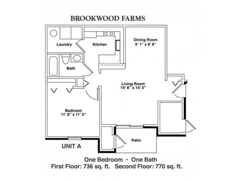Floor plan for 1 bed, 1 bath, 715 sqft