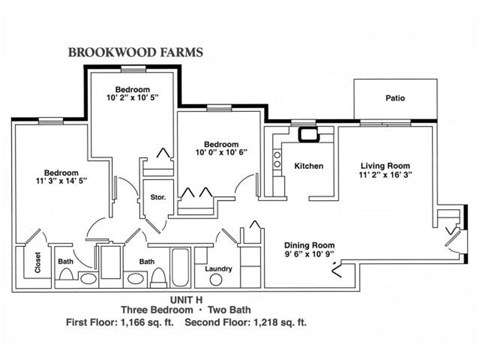 Floor plan for 3 beds, 2 baths, 1166 sqft