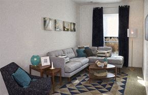 Madison Heights apartment for rent - A living room with a grey couch, a blue chair, and a coffee table.