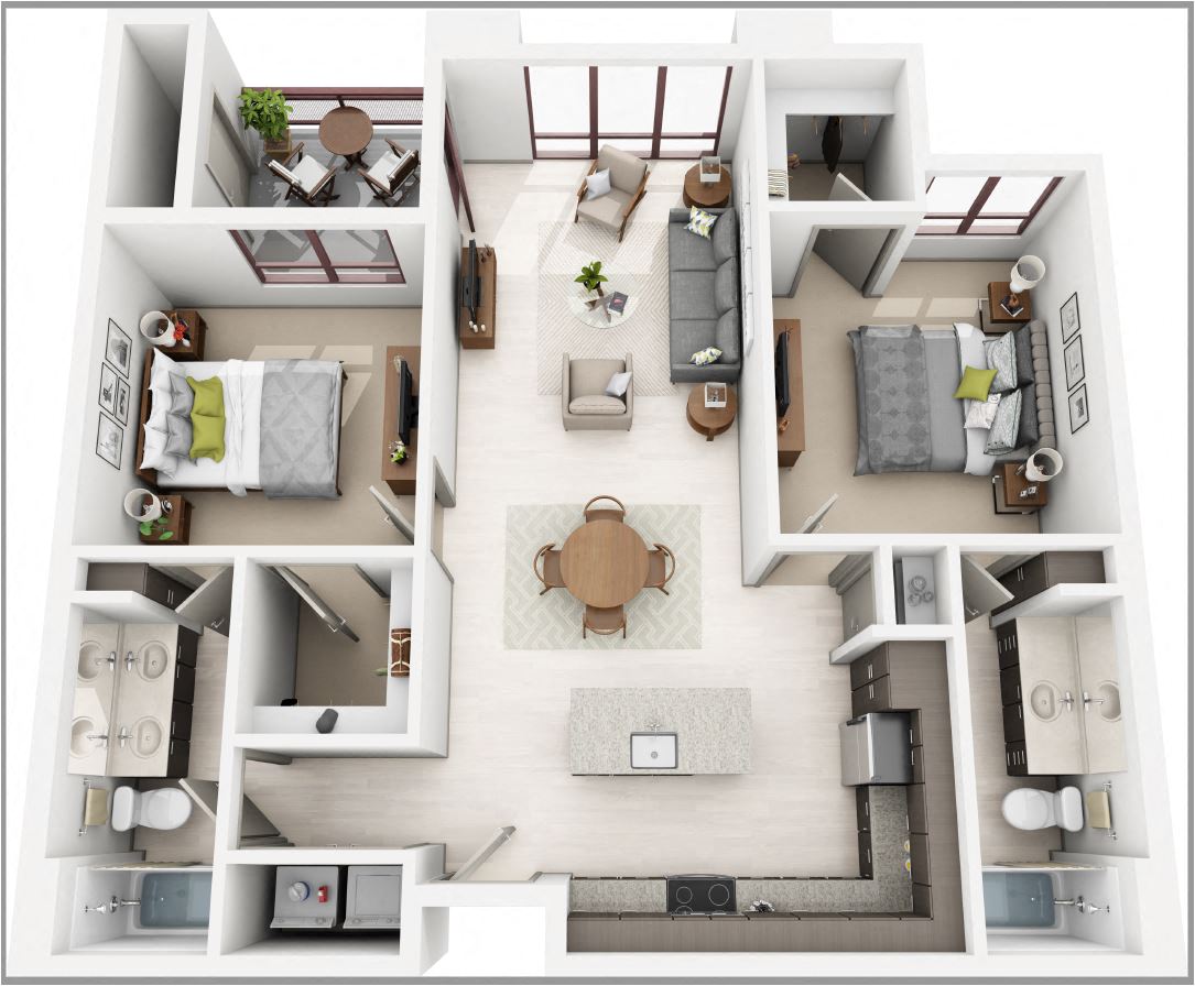 Floor plan for 2 beds, 2 baths, 1111 sqft