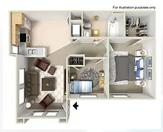 Floor plan for 2 beds, 1 bath, 686 sqft