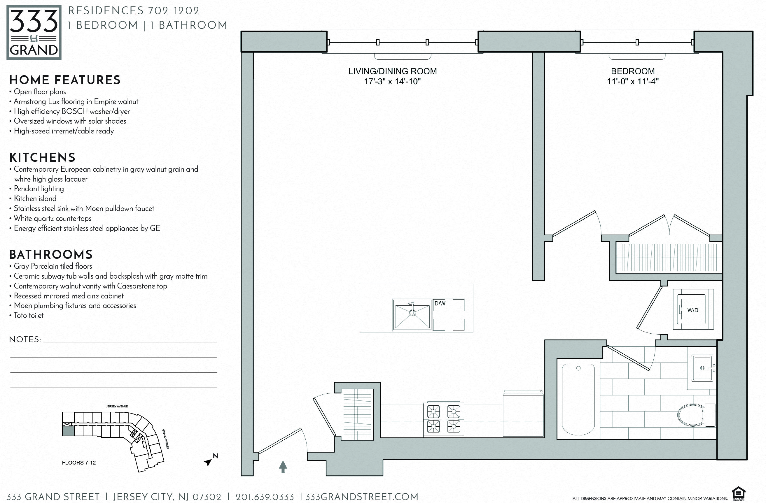 Floor plan for 1 bed, 1 bath, 790 sqft