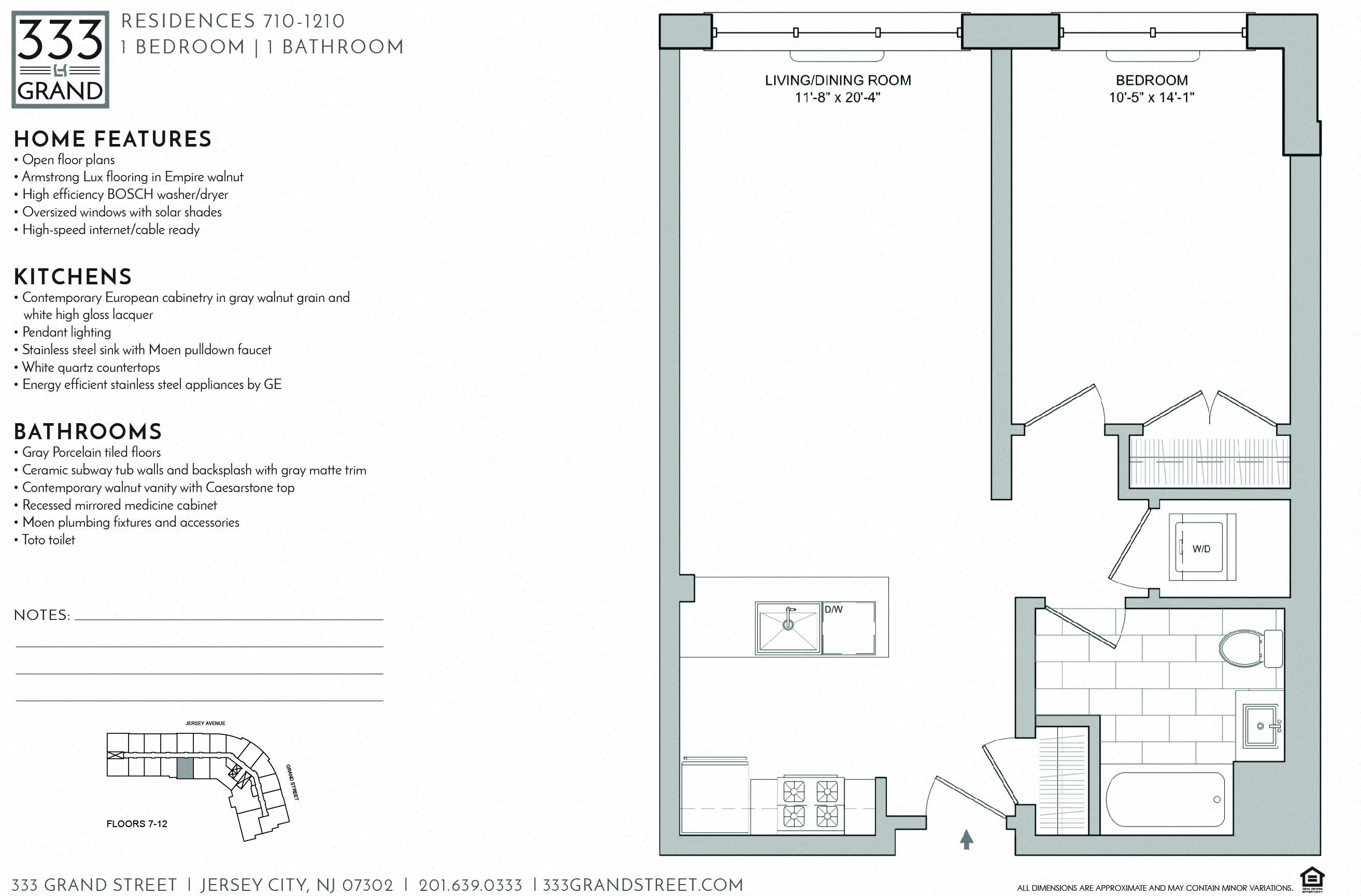 Floor plan for 1 bed, 1 bath, 743 sqft