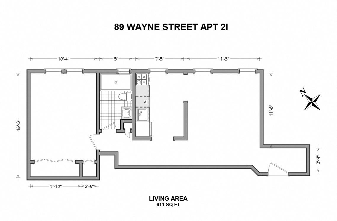 Floor plan for 1 bed, 1 bath, 490 sqft