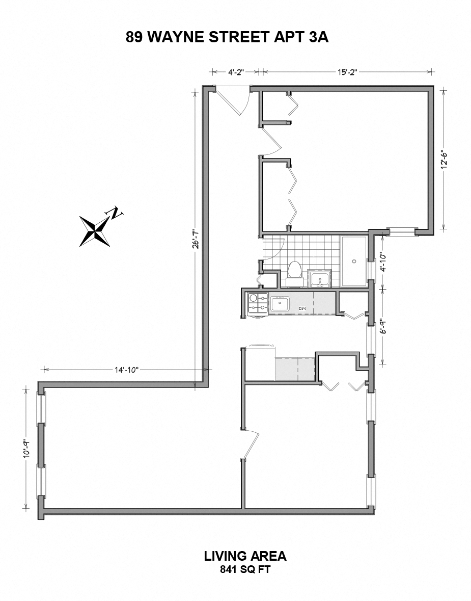 Floor plan for 2 beds, 1 bath, 860 sqft