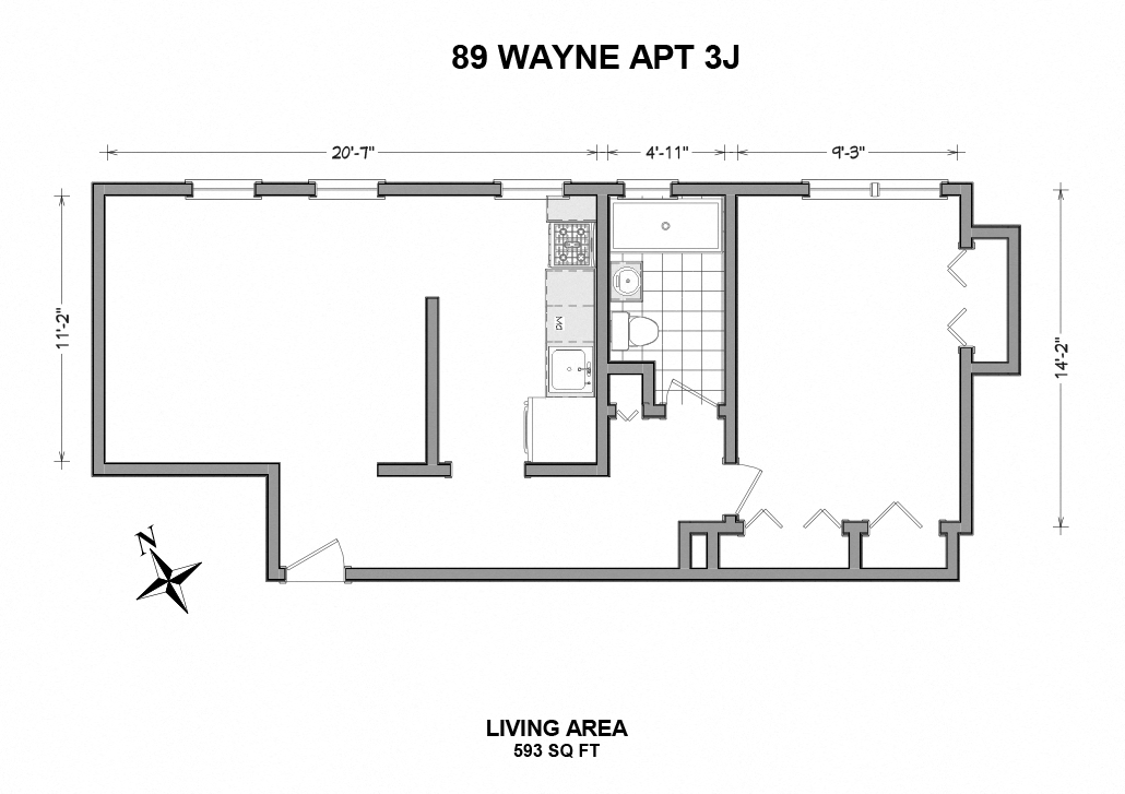 Floor plan for 1 bed, 1 bath, 490 sqft