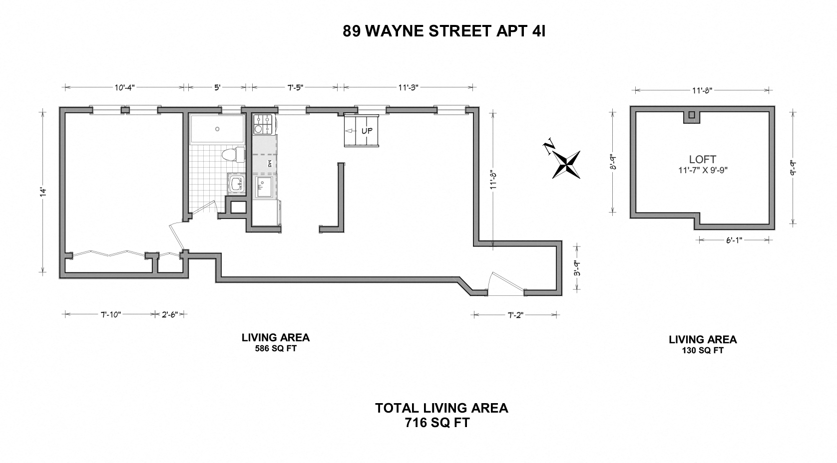 Floor plan for 1 bed, 1 bath, 716 sqft