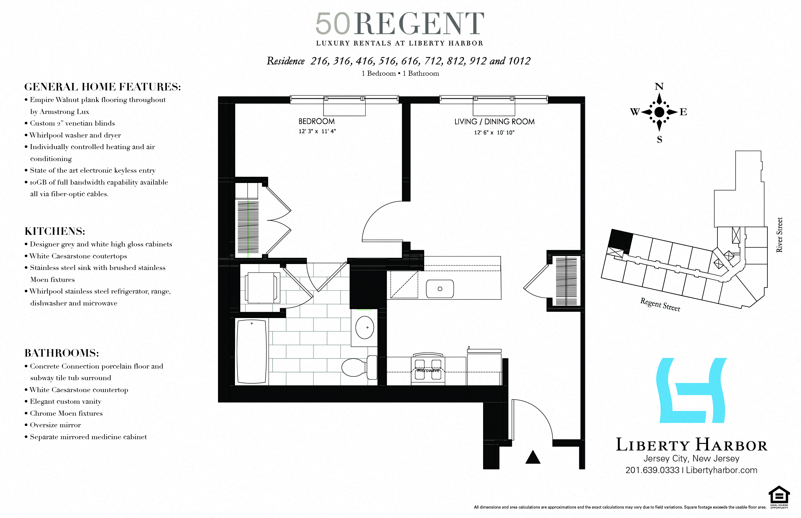 Floor plan for 1 bed, 1 bath, 607 sqft