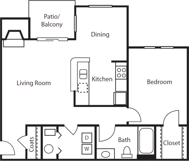 Floor plan for 1 bed, 1 bath, 728 sqft
