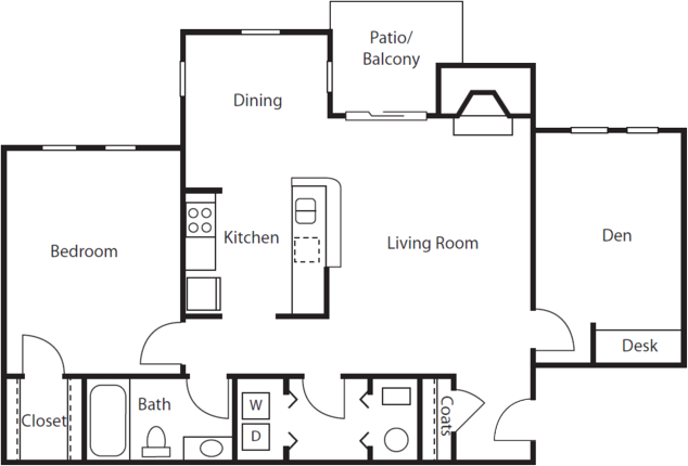 Floor plan for 1 bed, 1 bath, 874 sqft