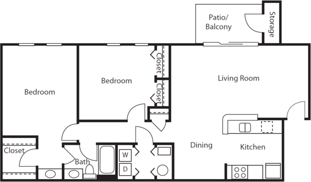 Floor plan for 2 beds, 1 bath, 972 sqft
