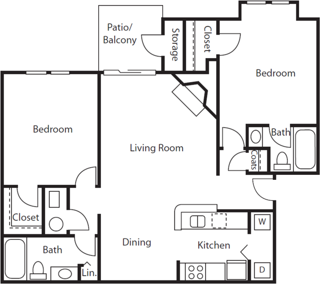 Floor plan for 2 beds, 2 baths, 1016 sqft