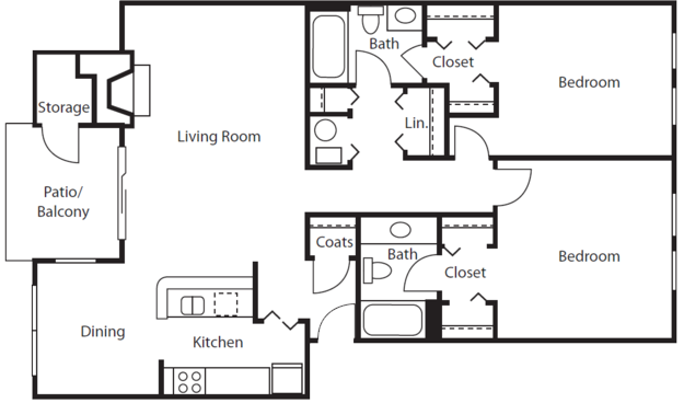 Floor plan for 2 beds, 2 baths, 1168 sqft