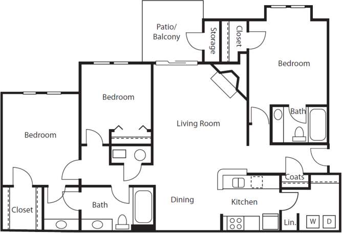 Floor plan for 3 beds, 2 baths, 1550 sqft