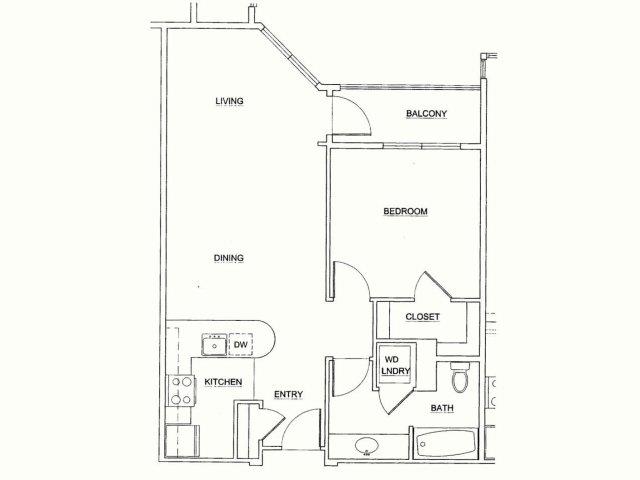 Floor plan for 1 bed, 1 bath, 700 sqft