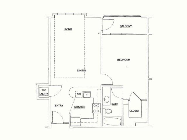 Floor plan for 1 bed, 1 bath, 657 sqft