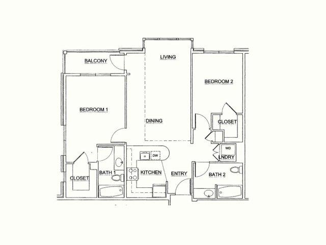 Floor plan for 2 beds, 2 baths, 1045 sqft
