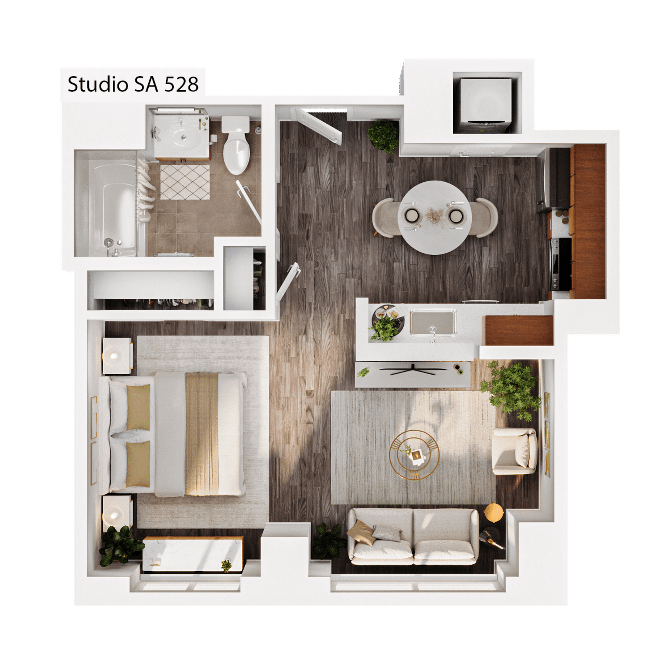 Floor plan for studio, 1 bath, 528 sqft