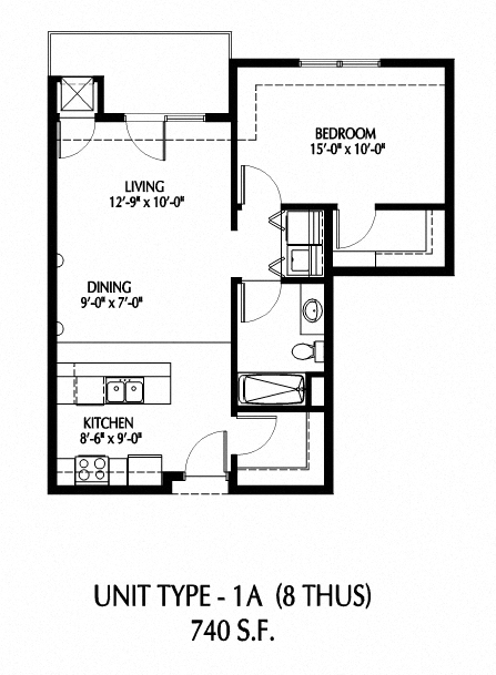 Floor plan for 1 bed, 1 bath, 739 sqft