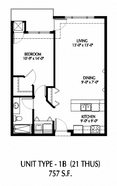 Floor plan for 1 bed, 1 bath, 757 sqft